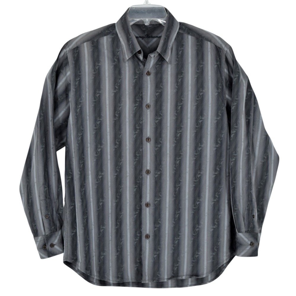 Tommy Bahama Cotton Silk Woven Jacquard Long Sleeve Tonal Gray Shirt Men's M